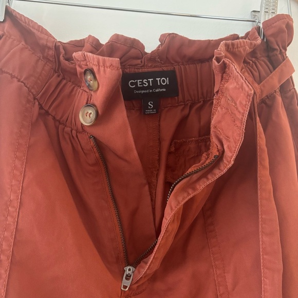 C’est Toi 100% Tencel Rust Colored Paper Bag Tied Waist Straight Leg Pants - Picture 4 of 10